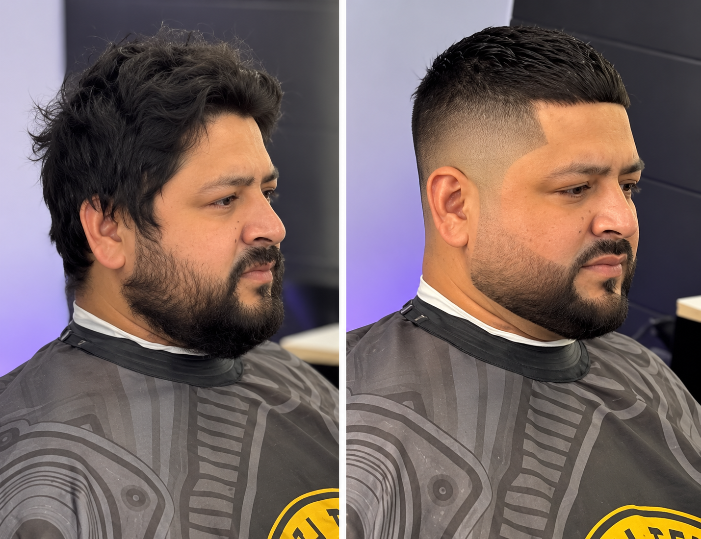 Before and after a professional beard trim and line-up: a full, untidy beard reshaped into a clean, defined beard