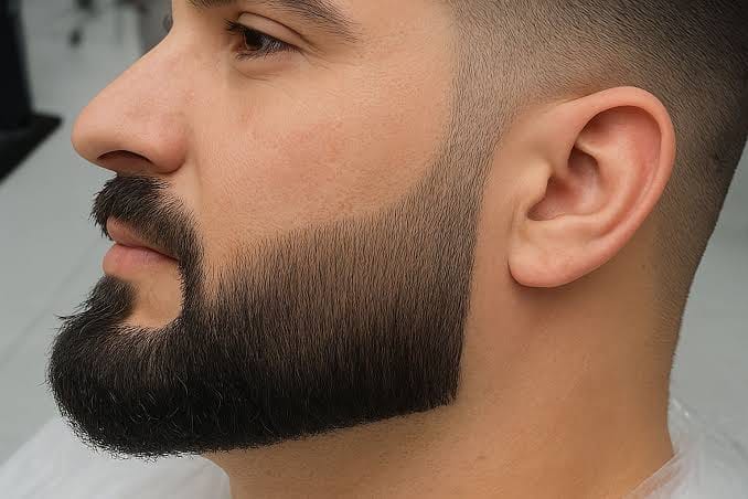 Boxed beard style for men, side profile with a sharp cheek line