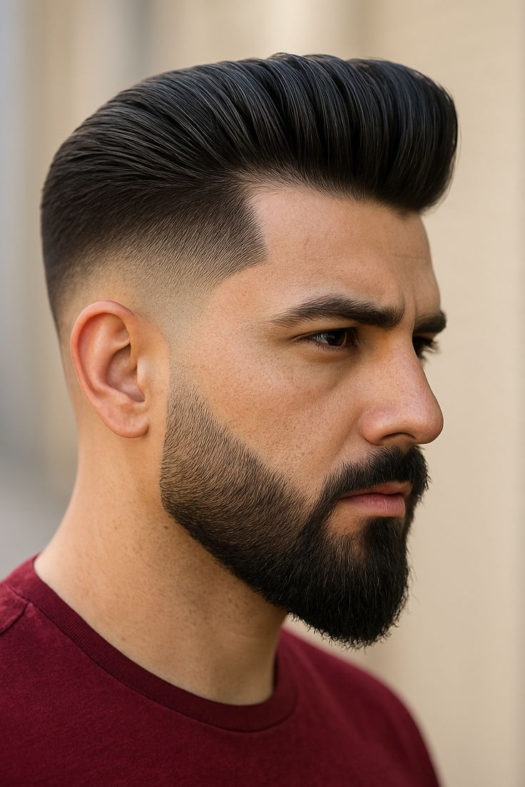 Side profile of a skin fade with a slicked-back top and full beard
