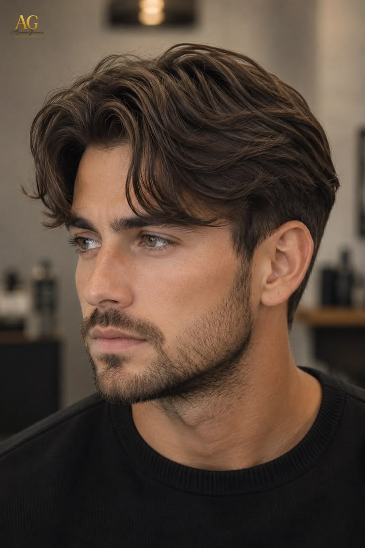 Textured, swept medium-length haircut with light stubble