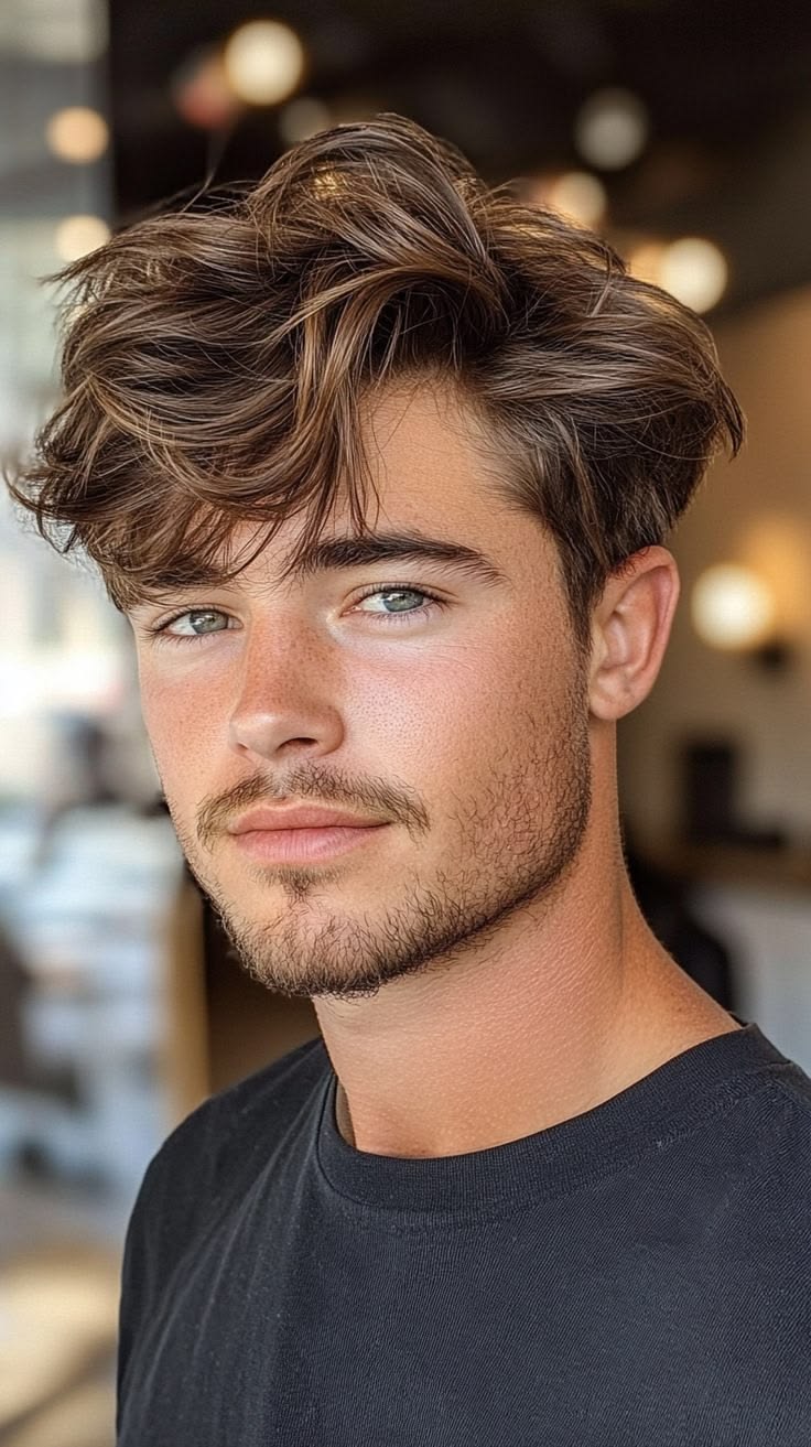 Tousled haircut with warm brown colour highlights