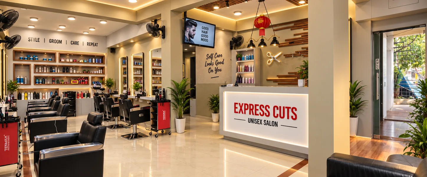 Inside Express Cuts Men's Salon in Ayyappa Nagar, KR Puram — styling chairs, product shelves and the reception desk