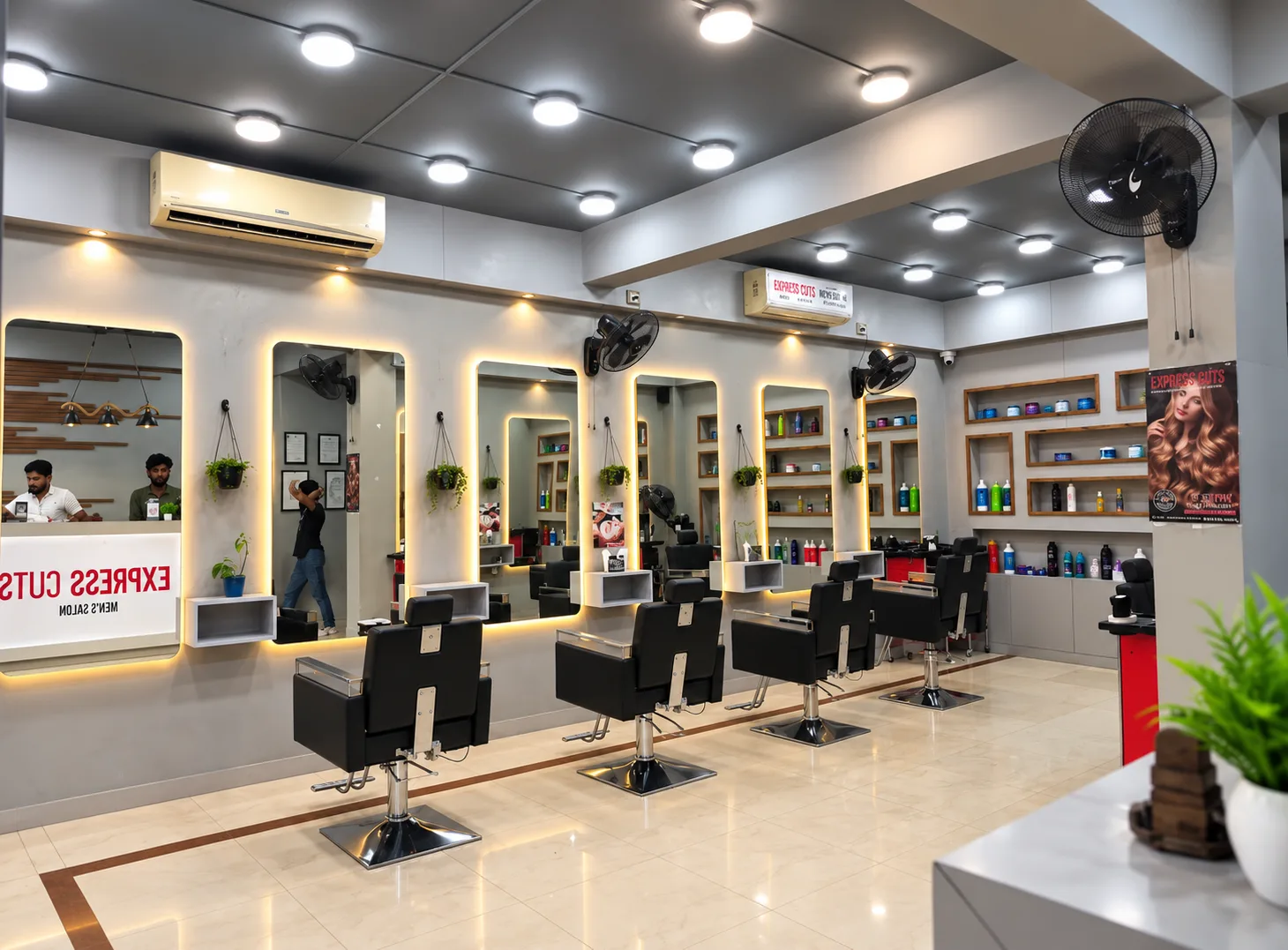 Styling chairs and lit mirrors on the salon floor at Express Cuts, KR Puram