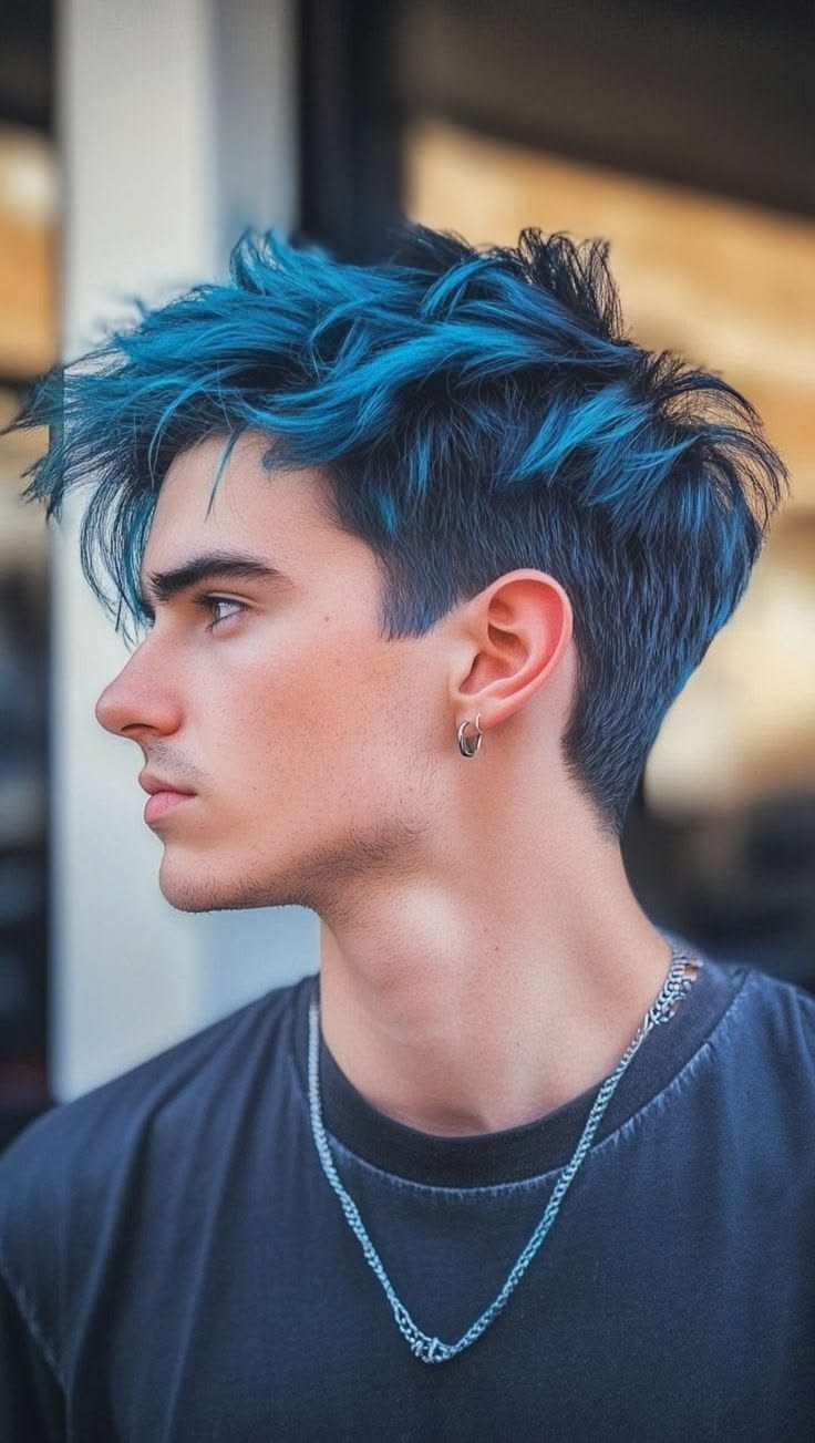 Bold fashion hair colour for men in a blue shade