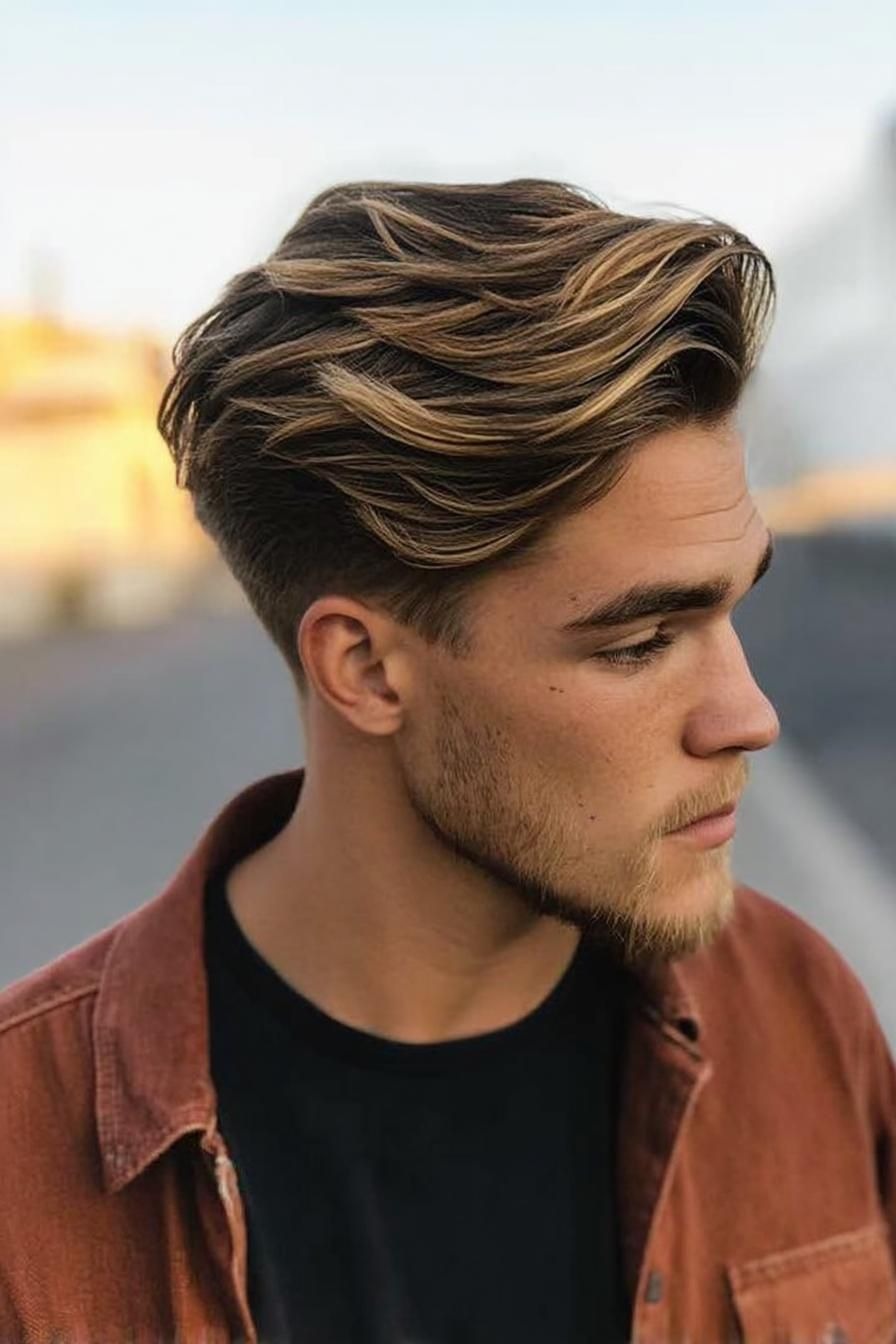 Men's hair streaks with defined blonde sections
