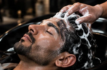 Client's hair and scalp being lathered at the wash basin