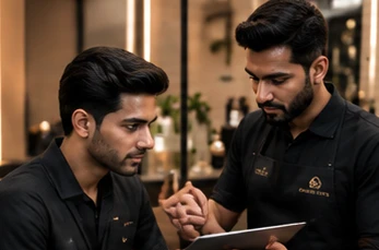 Stylist discussing a client's hair and scalp before a men's hair spa