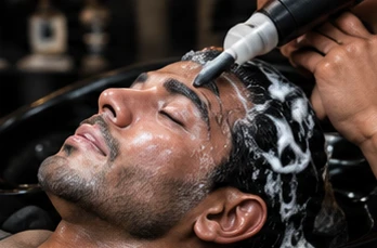 Professional hair treatment being applied to a client's scalp