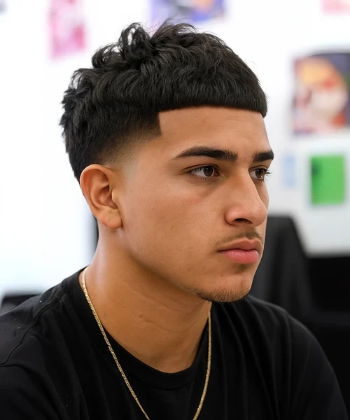 Textured crop with a high taper fade and a straight fringe