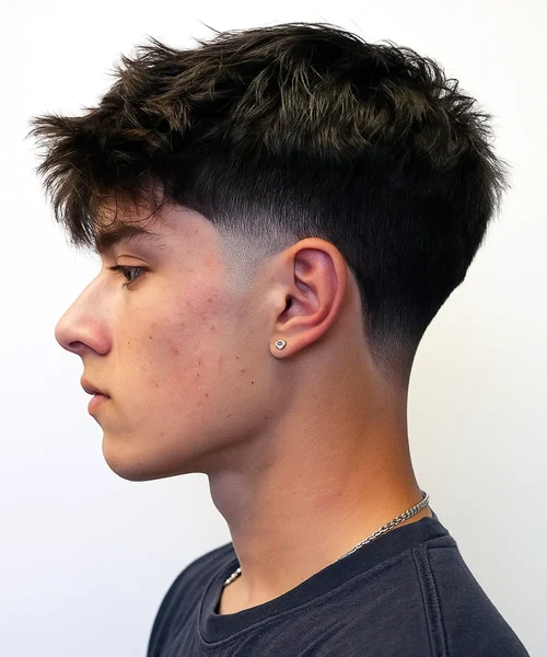 Man with fine hair cut into a low taper fade