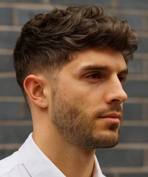 Man with wavy hair styled into a textured quiff