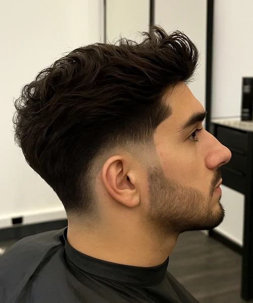 Man with thick hair shaped into a mid taper fade