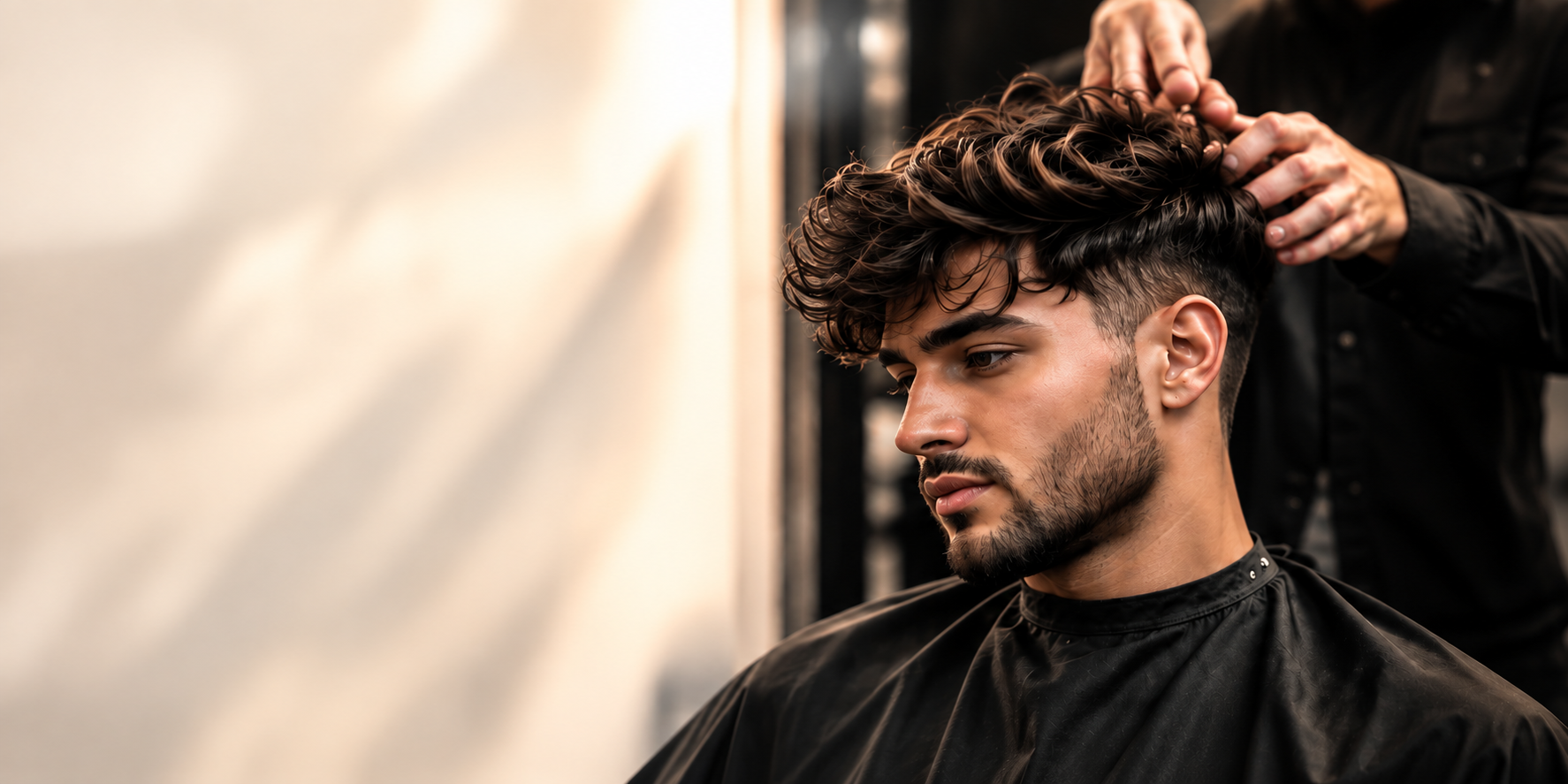 Barber styling a client's textured haircut in the salon chair
