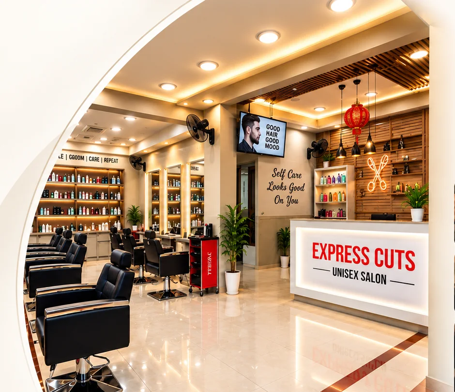 Inside Express Cuts Men's Salon in KR Puram — styling chairs, product shelves and the reception desk