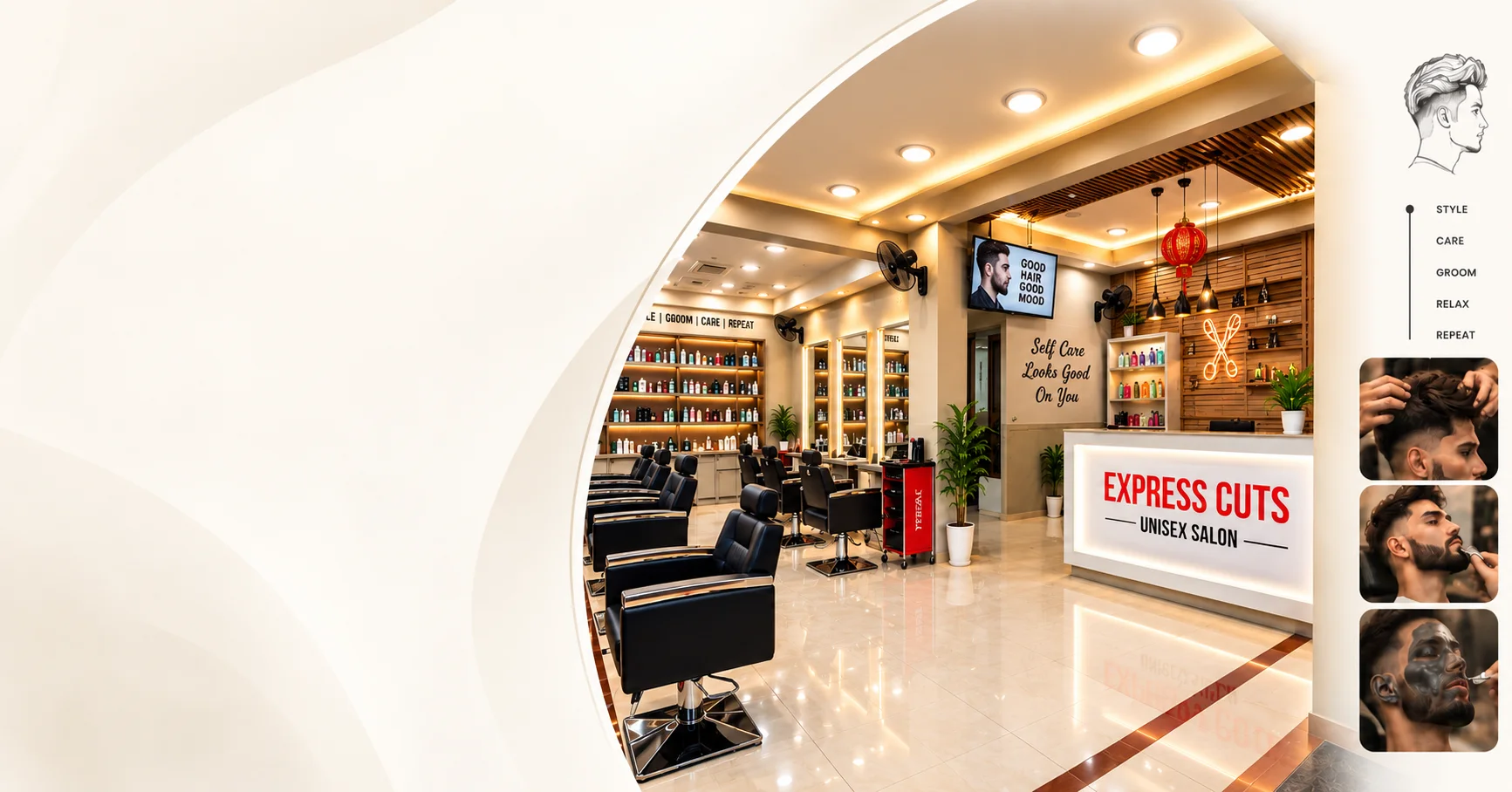 Inside Express Cuts Men's Salon in KR Puram — styling chairs, product shelves and the reception desk