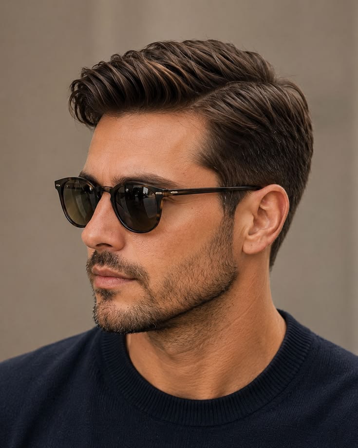 Neatly styled classic side-swept haircut with a trimmed beard