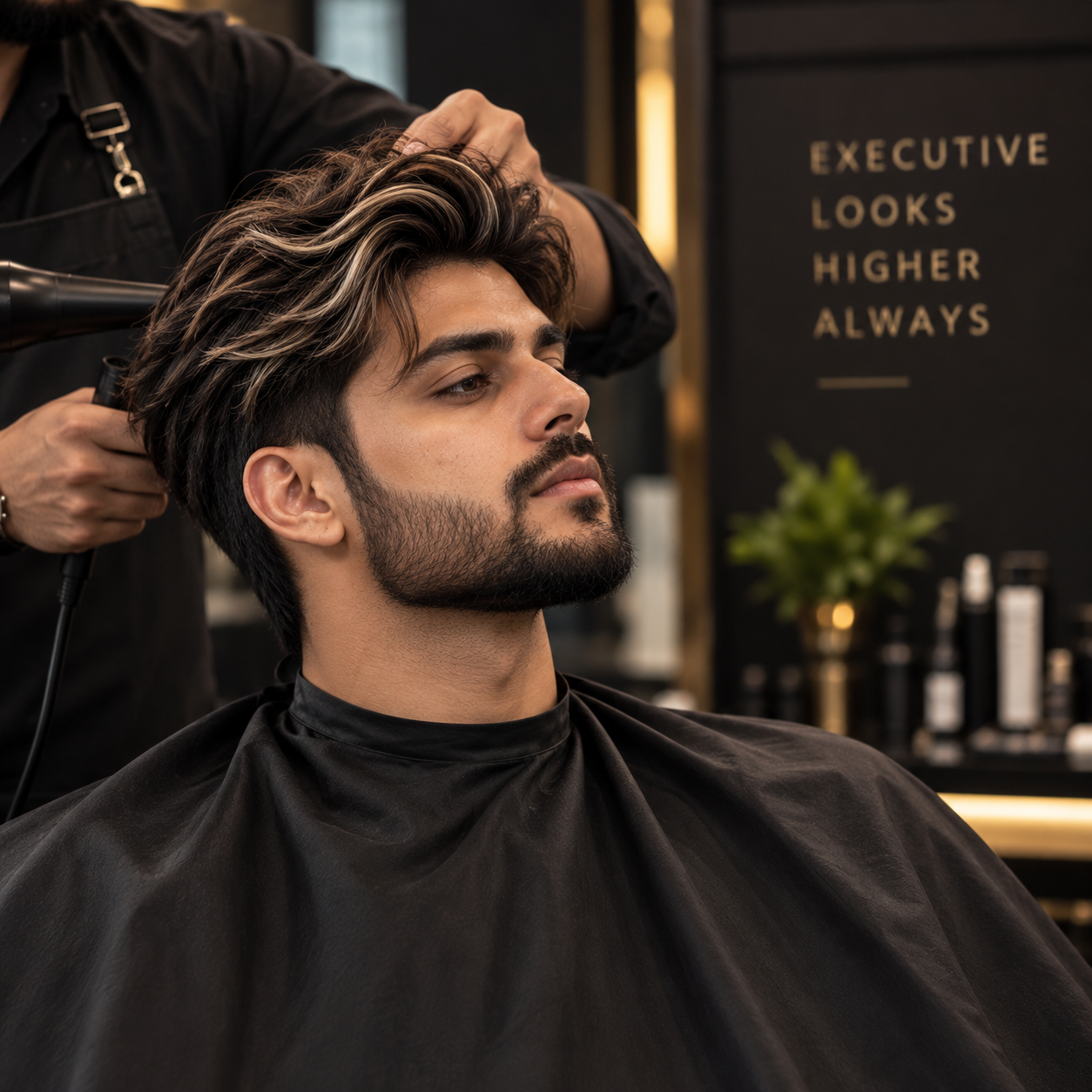 Stylist finishing a client's highlighted hair with a blow-dryer
