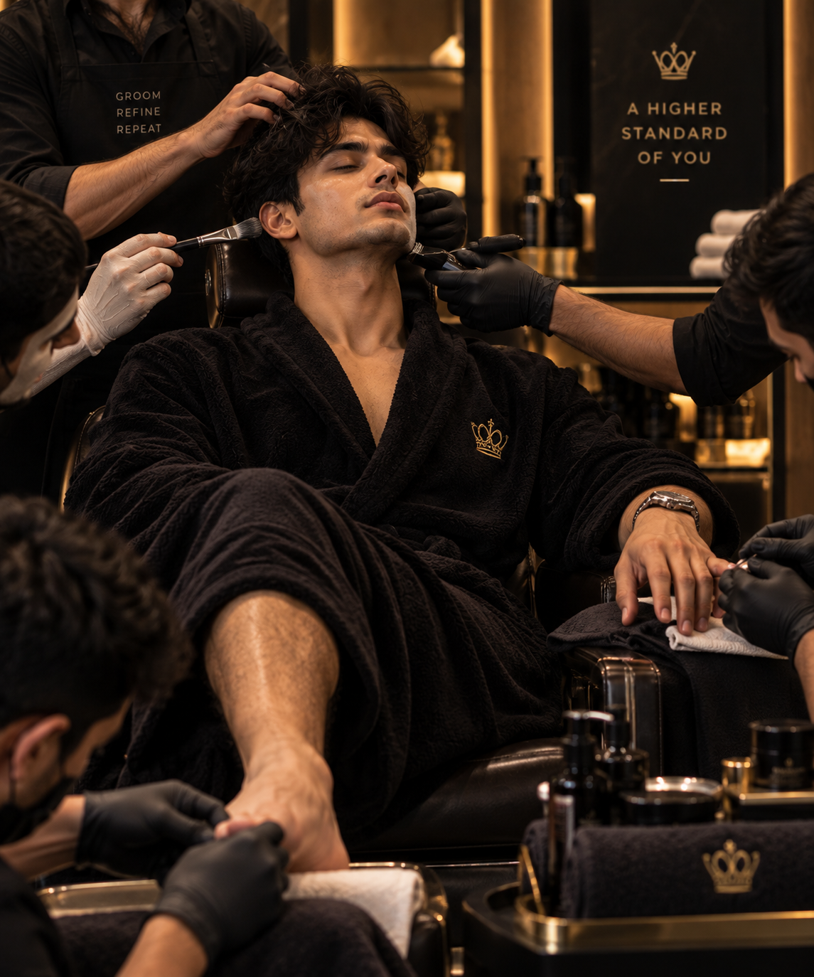 Client relaxing in a robe during The King's Ritual grooming package at Express Cuts, KR Puram