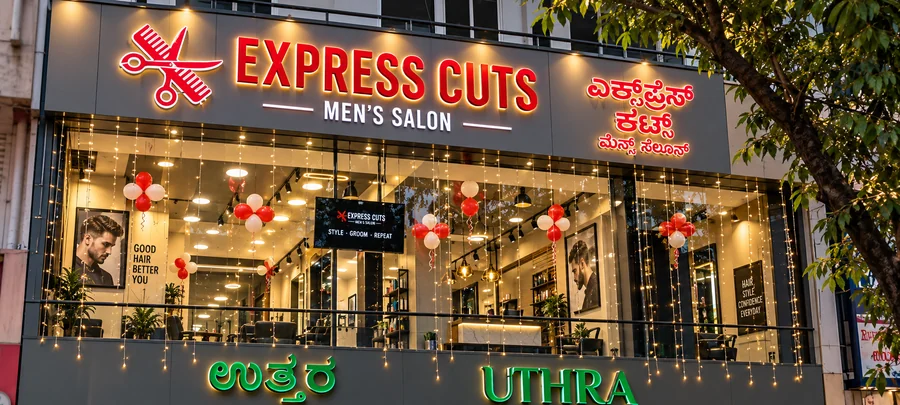 Express Cuts Men's Salon storefront lit up at night on Ayyappa Nagar Main Rd, KR Puram