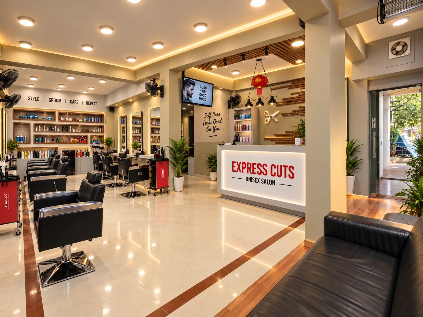 Inside Express Cuts Men's Salon in Ayyappa Nagar, KR Puram — styling chairs, mirrors and the reception desk