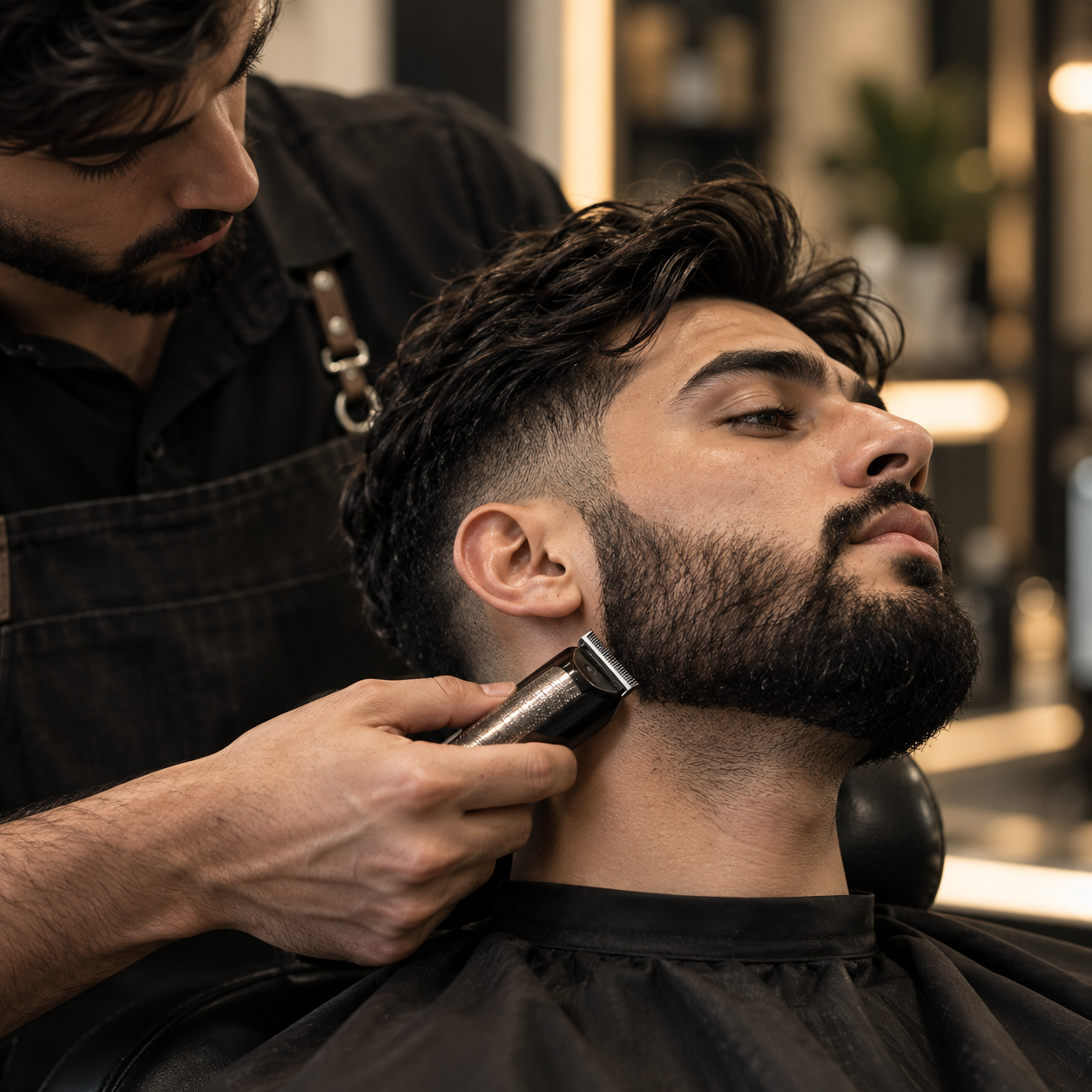 Barber shaping a client's beard line with a trimmer