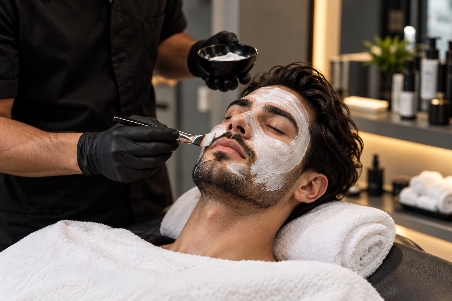 Therapist brushing a facial mask onto a reclining client