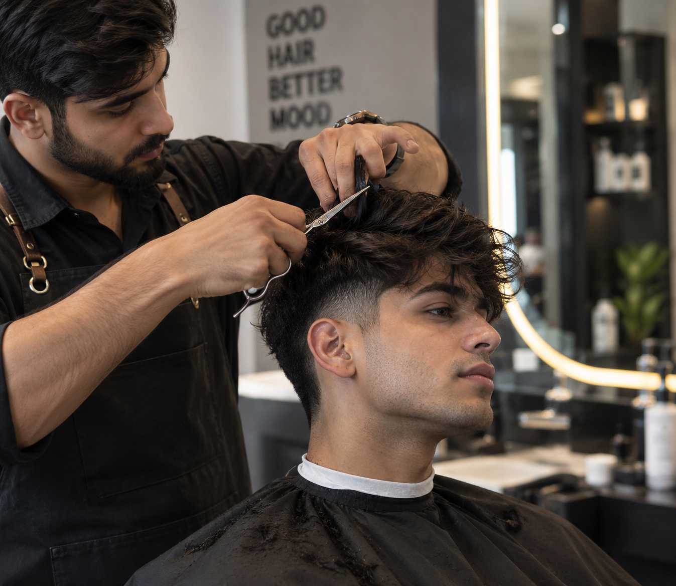 Barber cutting a client's textured hair with scissors