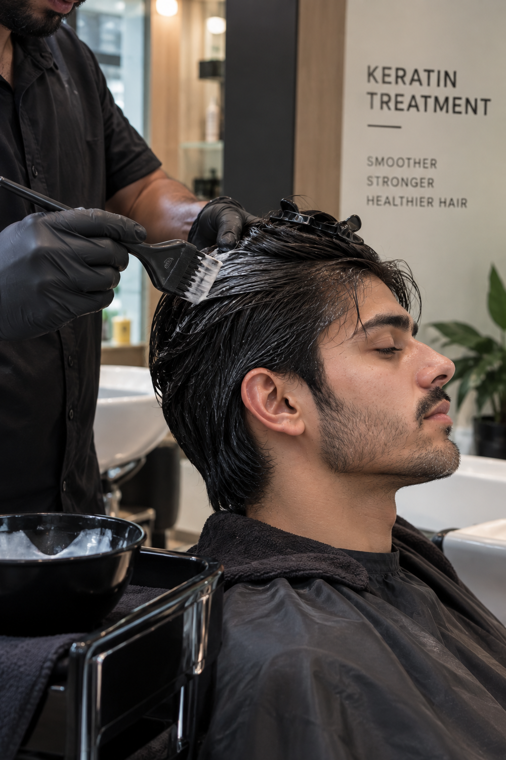 Stylist brushing keratin treatment through a client's hair